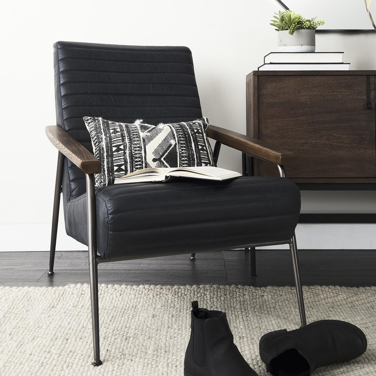 Mercana Grosjean Black Leather Wrap Metal Frame Accent Chair