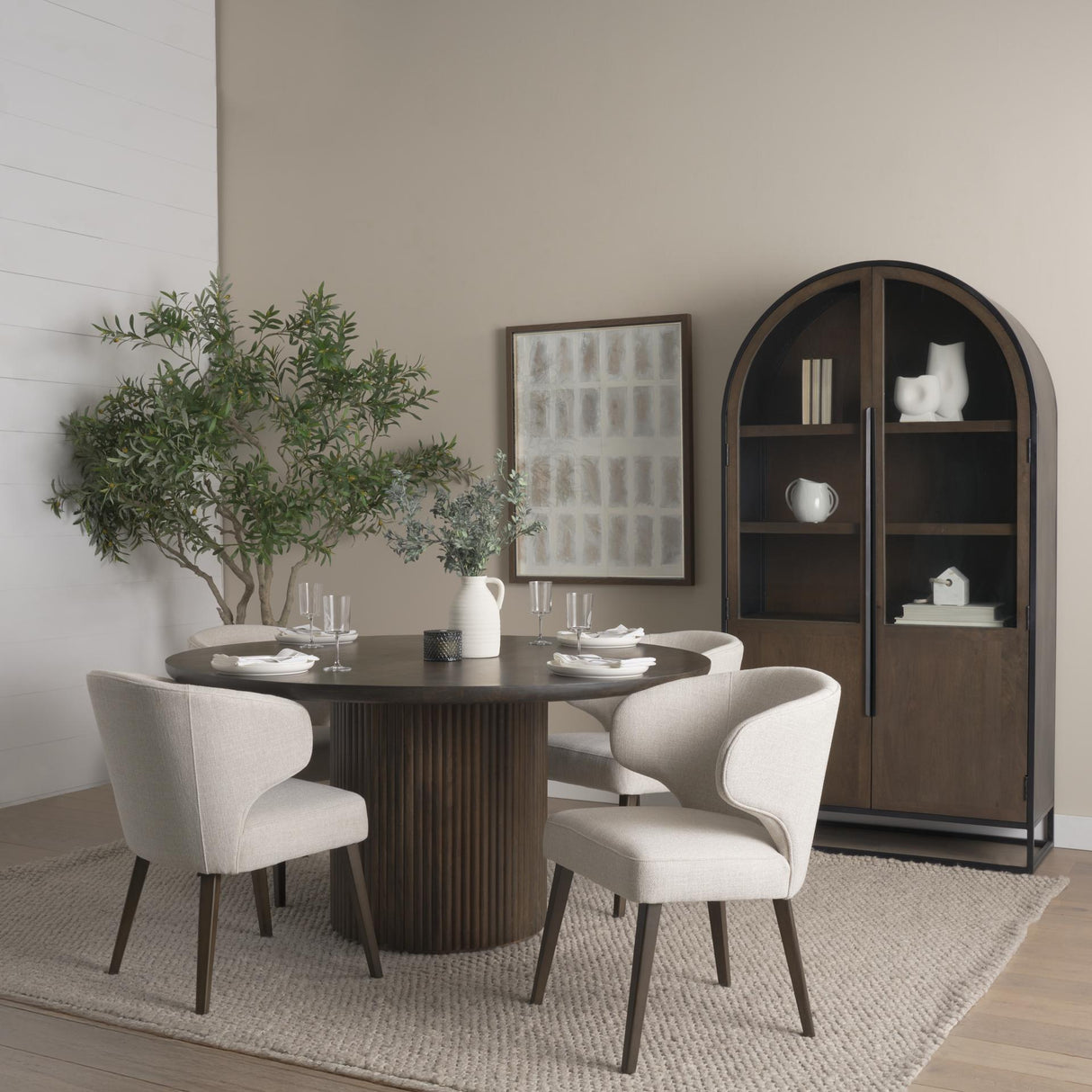 Mercana Terra Fluted Dining Table - 4 Niles Chairs - Sloan Cabinet