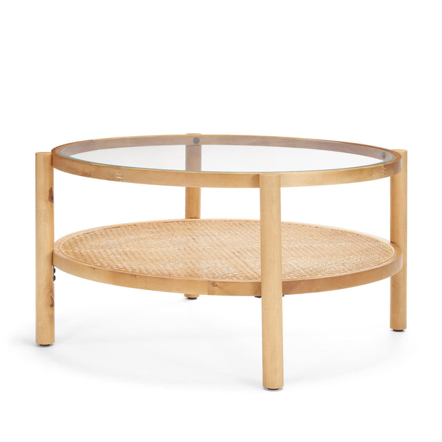 Mercana Weslyn Solid Light Brown Wood and Glass Top w/ Cane Coffee Table