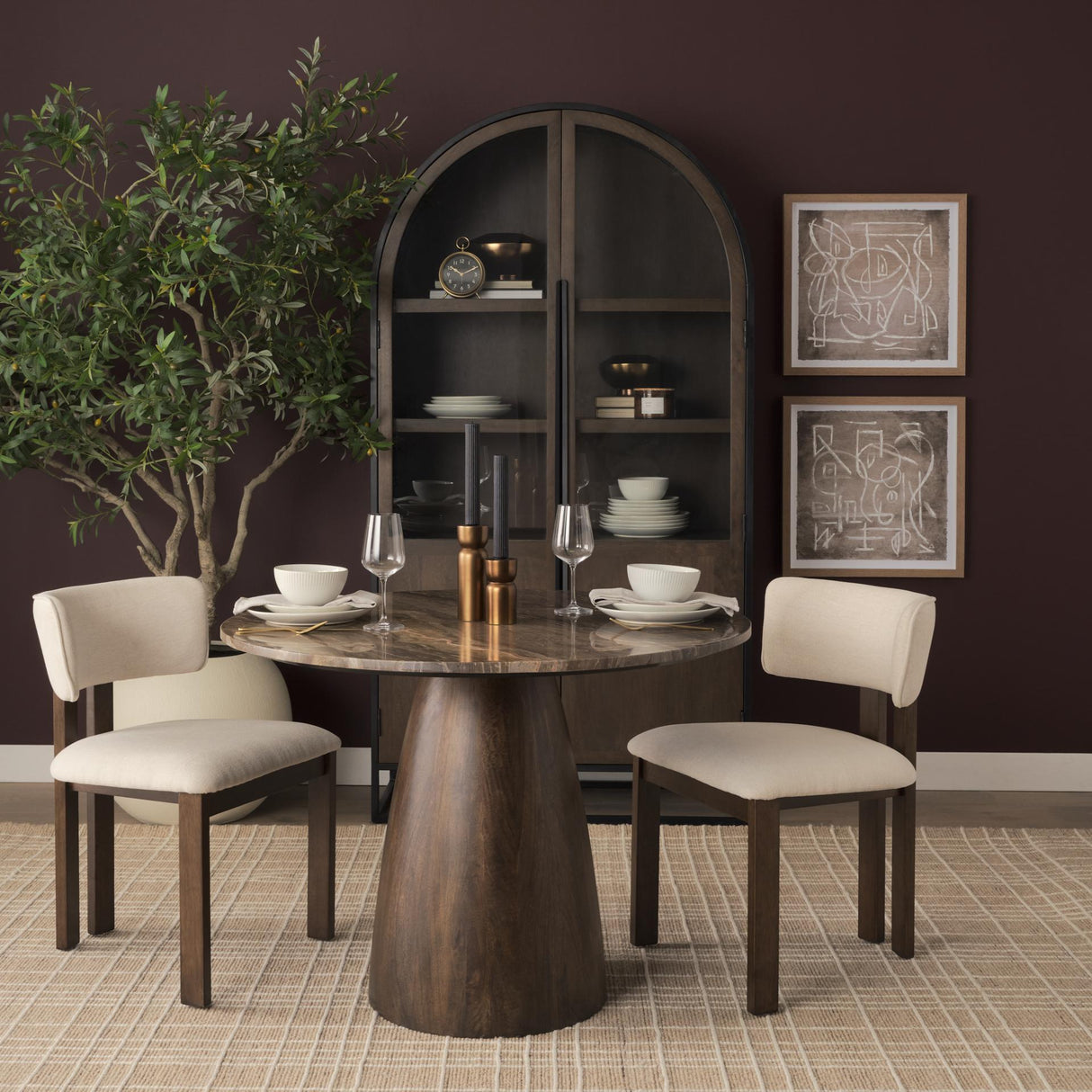 Mercana Allyson 42" Round Dark Brown w/ Cappuccino Marble Pedestal Dining Table