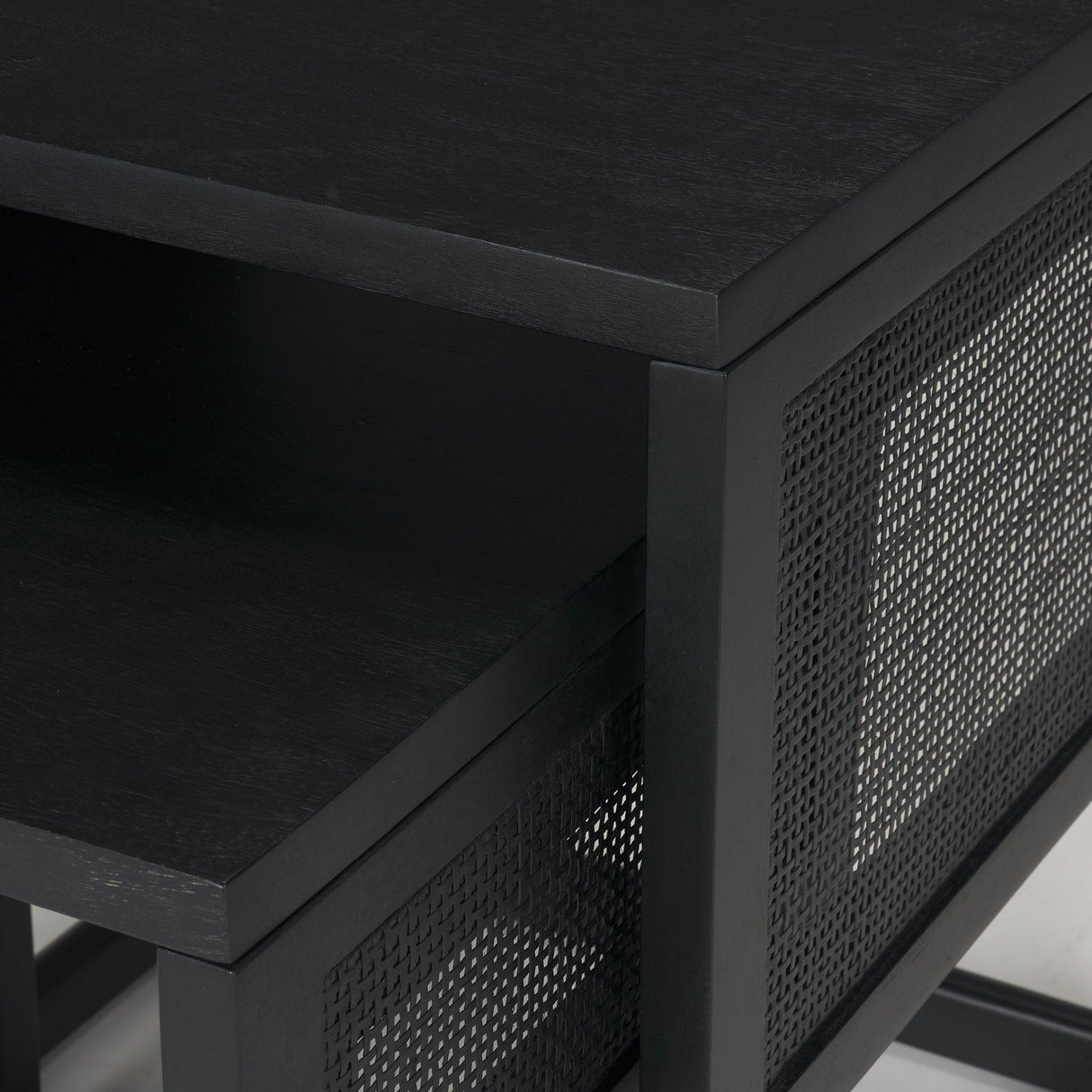 Mercana Grier Set of 2 Black Wood w/ Black Cane Nesting Accent Tables