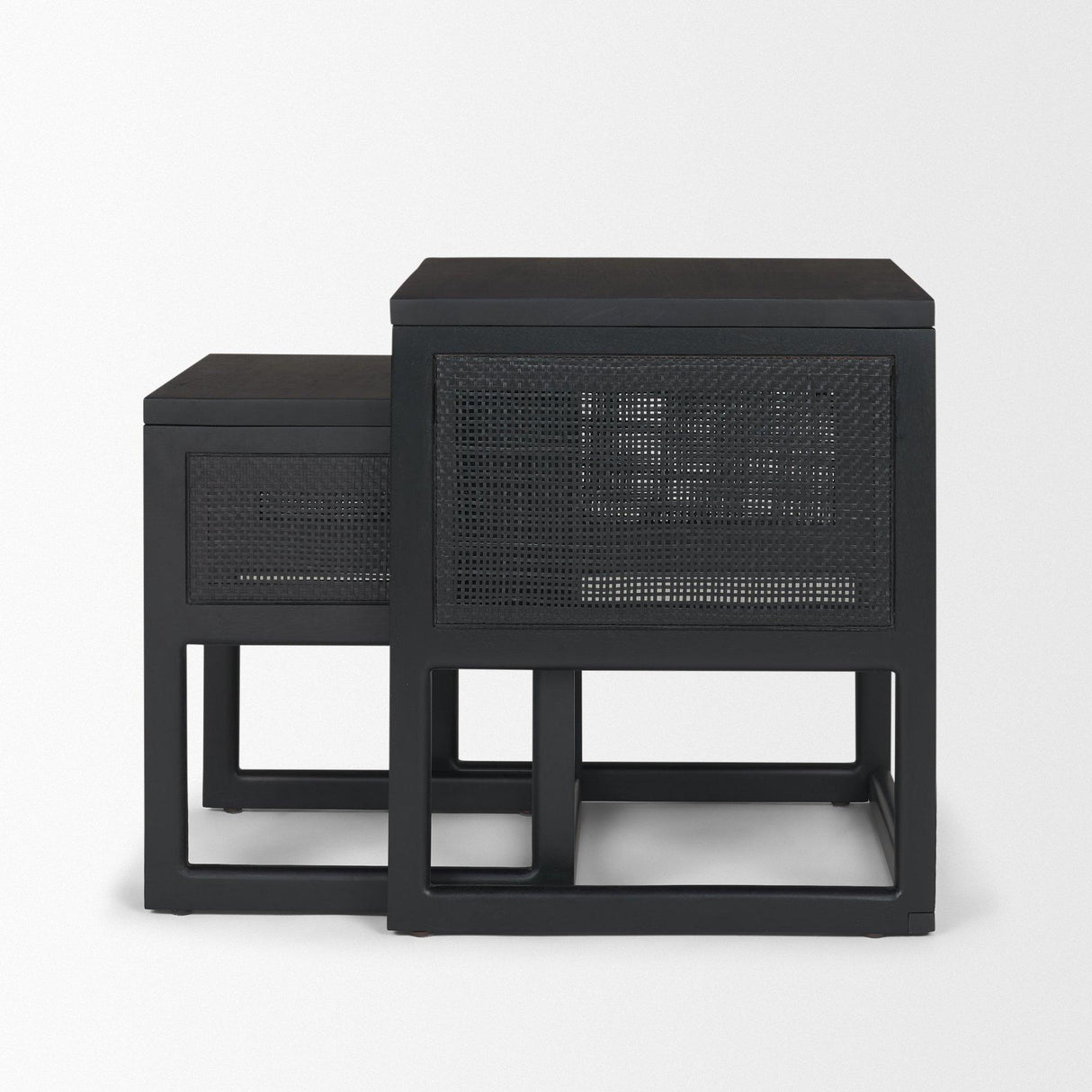 Mercana Grier Set of 2 Black Wood w/ Black Cane Nesting Accent Tables