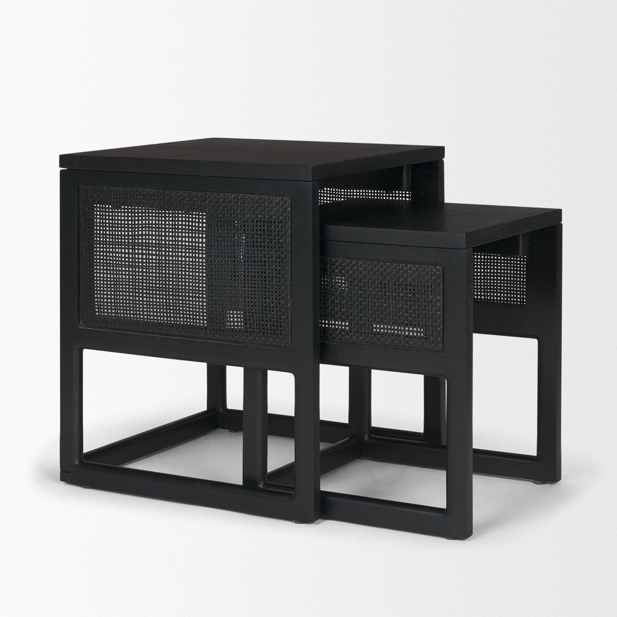 Mercana Grier Set of 2 Black Wood w/ Black Cane Nesting Accent Tables