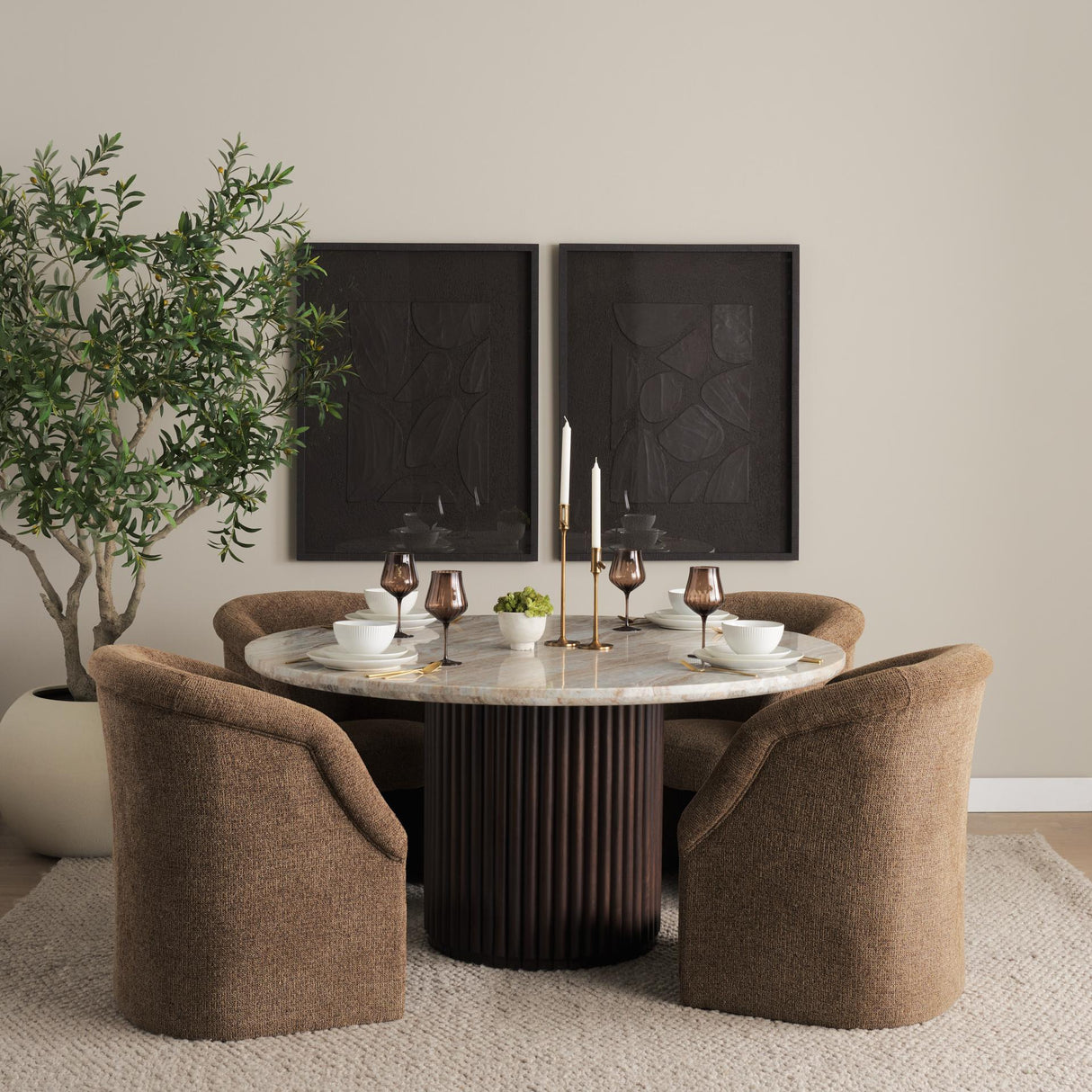 Mercana Curtis Brown Fabric Barrelback Half-Moon Base Dining Armchair