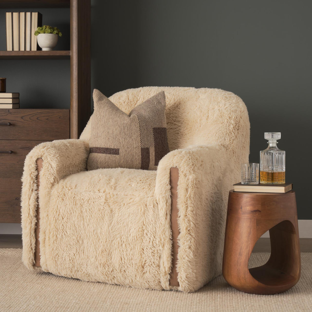Mercana Huntley Cream Faux Fur Fabric Swivel Accent Chair