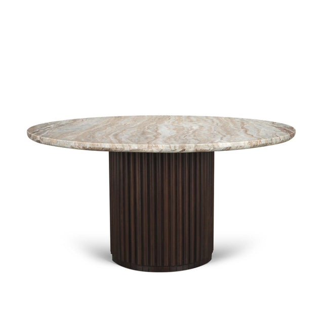 Mercana Marbrello 60" Pink Marble Top Espresso Brown Fluted Wood Round Dining Table