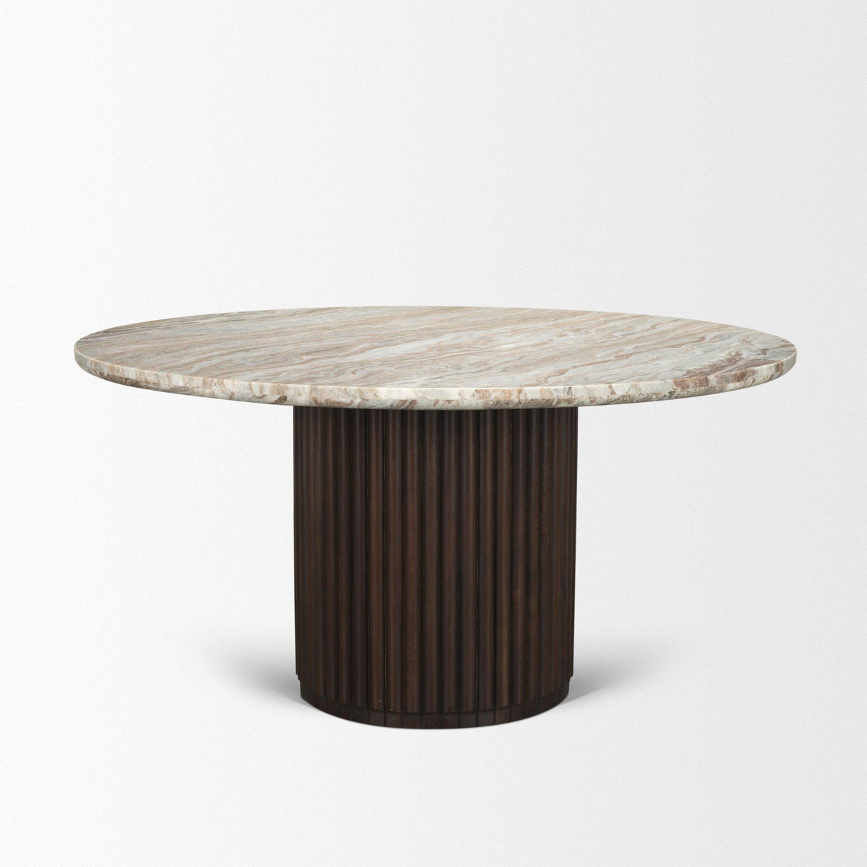 Mercana Marbrello 60" Pink Marble Top Espresso Brown Fluted Wood Round Dining Table