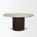 Mercana Marbrello 60" Pink Marble Top Espresso Brown Fluted Wood Round Dining Table