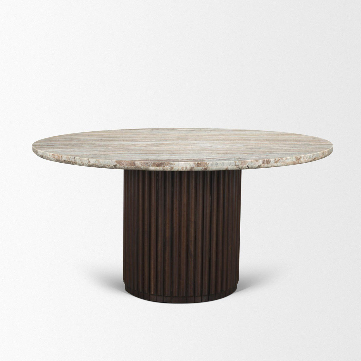 Mercana Marbrello 60" Pink Marble Top Espresso Brown Fluted Wood Round Dining Table