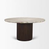 Mercana Marbrello 60" Pink Marble Top Espresso Brown Fluted Wood Round Dining Table
