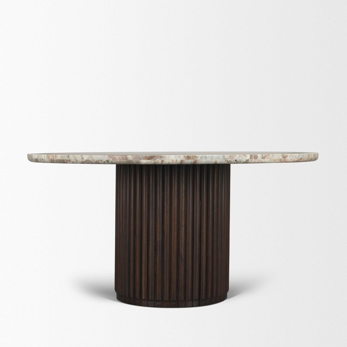 Mercana Marbrello 60" Pink Marble Top Espresso Brown Fluted Wood Round Dining Table