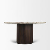 Mercana Marbrello 60" Pink Marble Top Espresso Brown Fluted Wood Round Dining Table