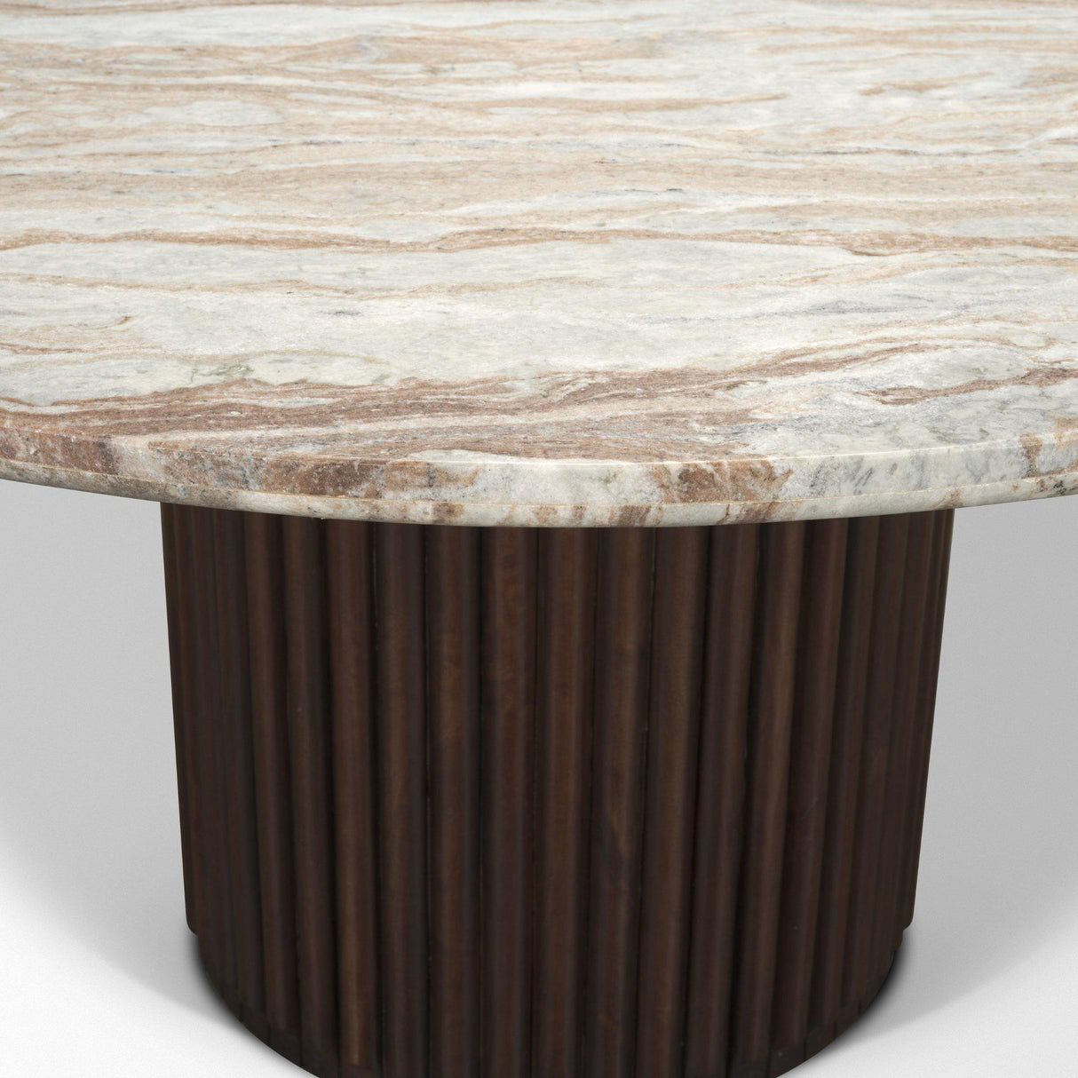 Mercana Marbrello 60" Pink Marble Top Espresso Brown Fluted Wood Round Dining Table