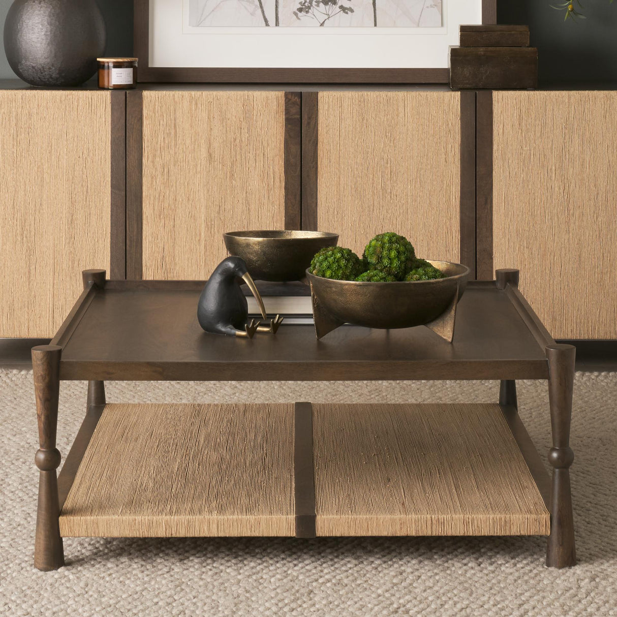 Mercana Bondi 42" Dark Brown Wood w/ Paper Rope Shelf Square Coffee Table