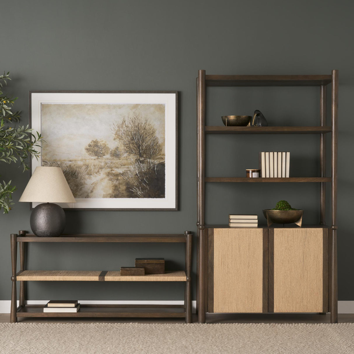 Mercana Bondi 2 Door Open Dark Brown Wood w/ Paper Rope Shelving Unit