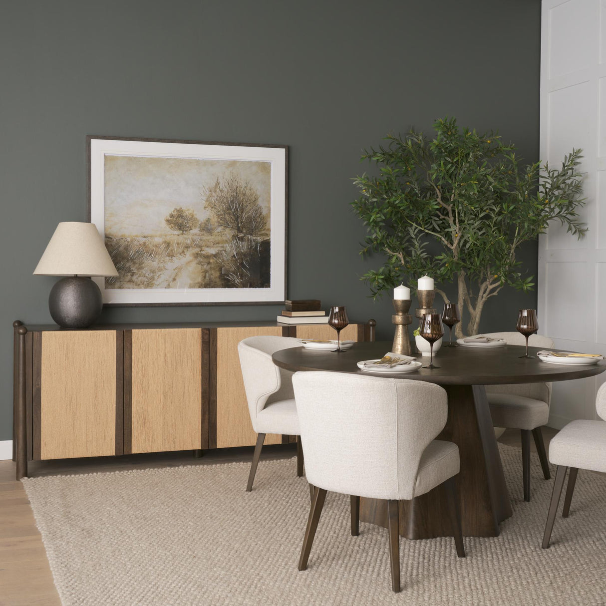 Mercana Bondi 85" Dark Brown Wood w/ Paper Rope 4 Door Closed Sideboard