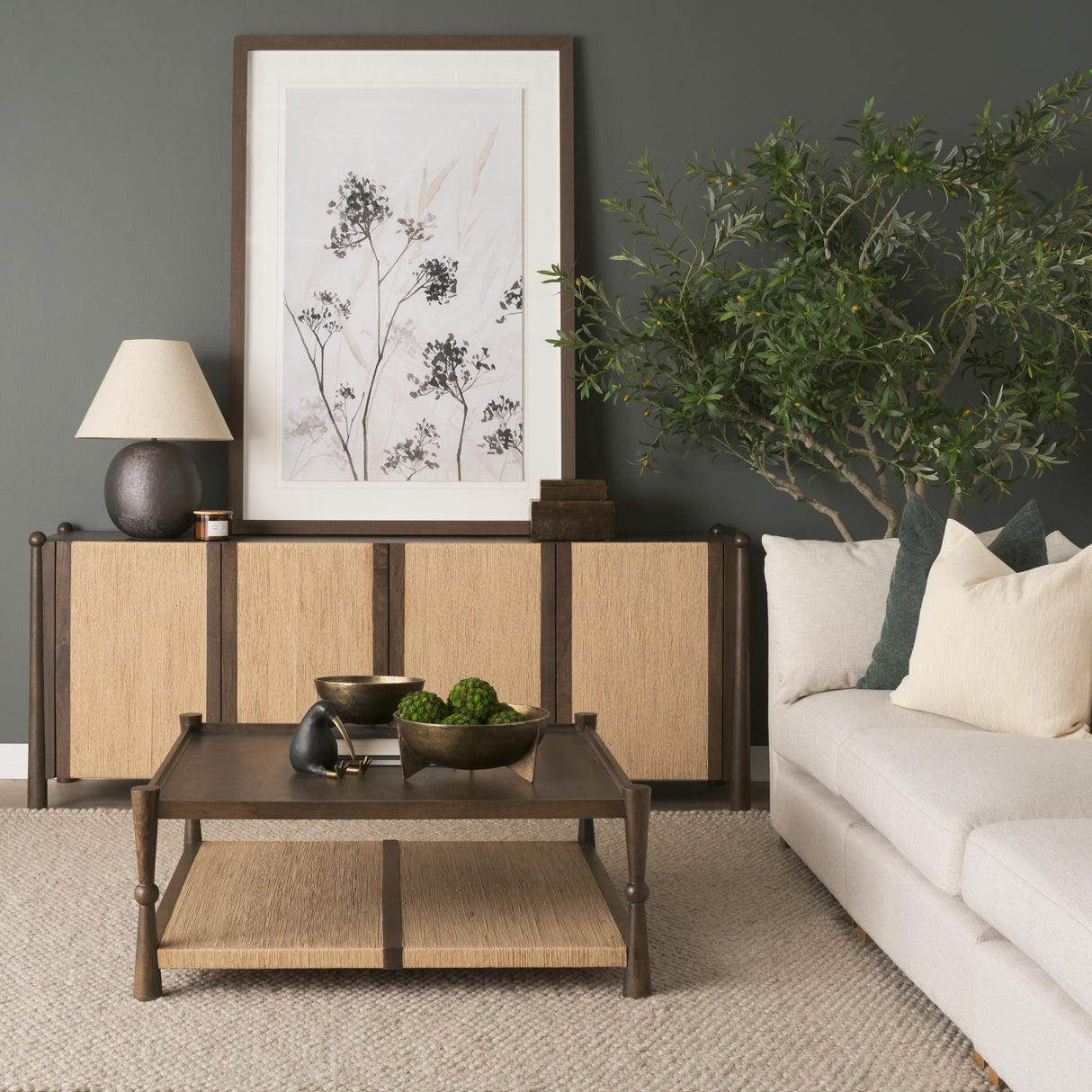 Mercana Bondi 85" Dark Brown Wood w/ Paper Rope 4 Door Closed Sideboard