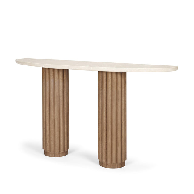 Mercana Marbrello Botticino Marble Top Light Brown Fluted Wood Half Moon Console Table