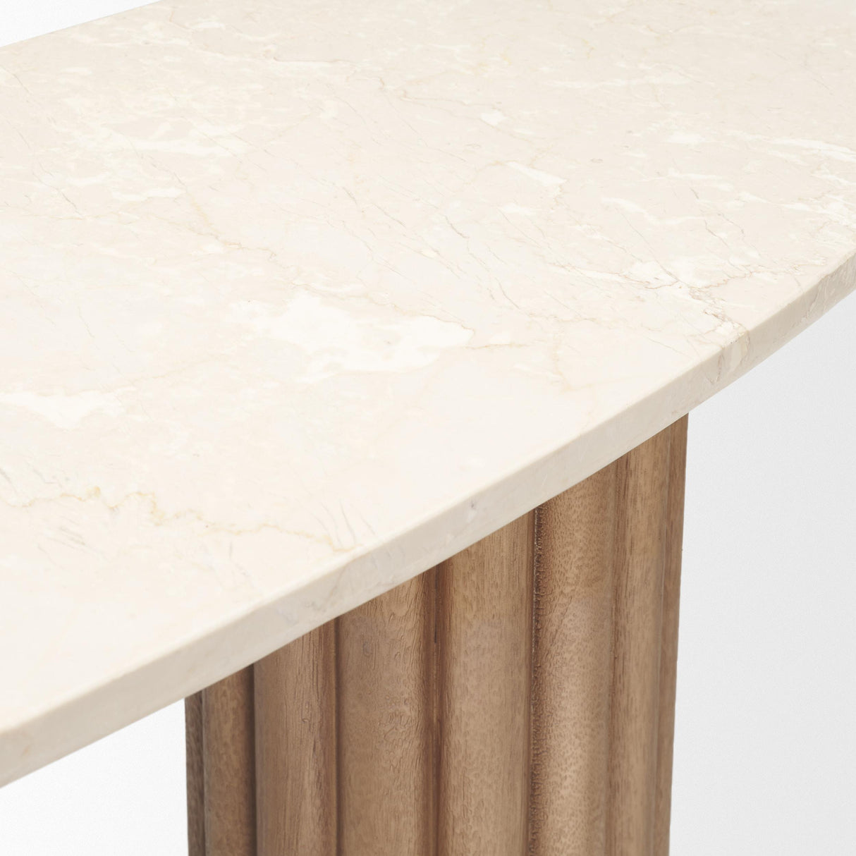 Mercana Marbrello Botticino Marble Top Light Brown Fluted Wood Half Moon Console Table