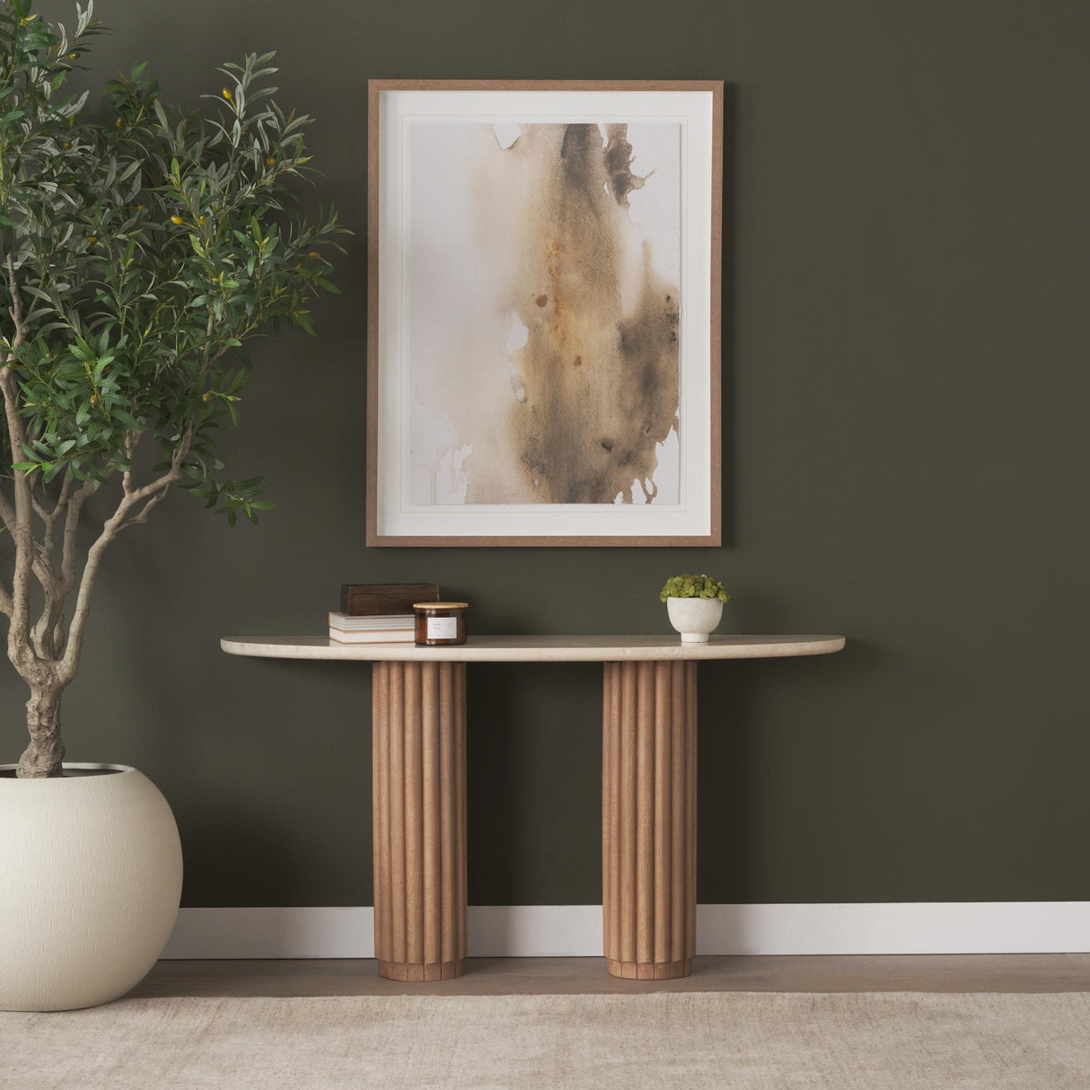 Mercana Marbrello Botticino Marble Top Light Brown Fluted Wood Half Moon Console Table