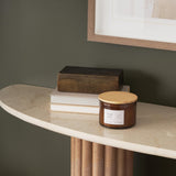 Mercana Marbrello Botticino Marble Top Light Brown Fluted Wood Half Moon Console Table
