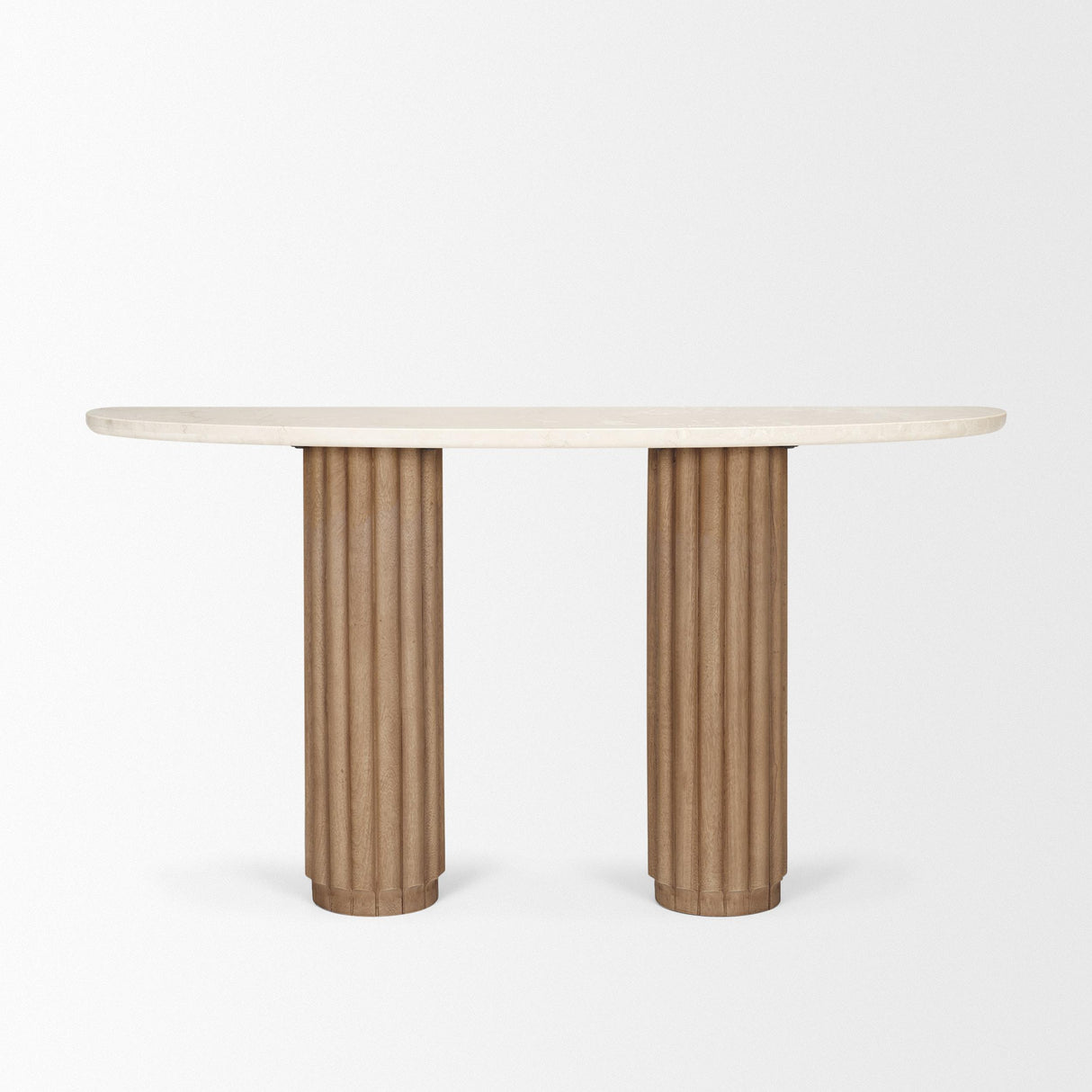 Mercana Marbrello Botticino Marble Top Light Brown Fluted Wood Half Moon Console Table