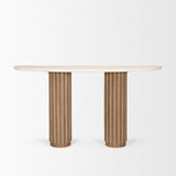 Mercana Marbrello Botticino Marble Top Light Brown Fluted Wood Half Moon Console Table