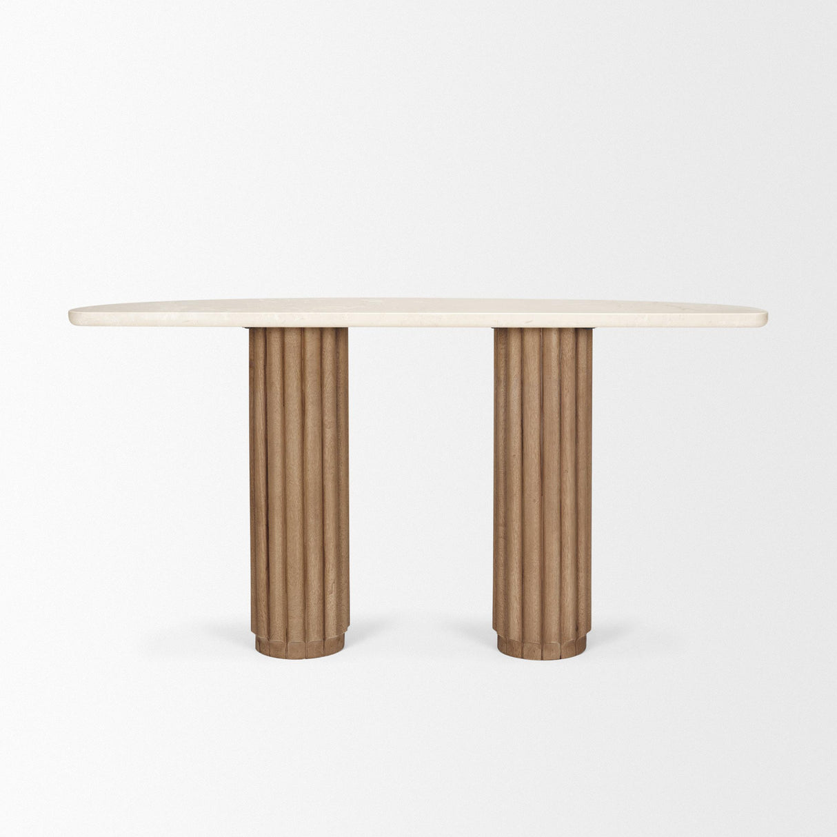 Mercana Marbrello Botticino Marble Top Light Brown Fluted Wood Half Moon Console Table