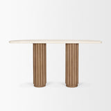 Mercana Marbrello Botticino Marble Top Light Brown Fluted Wood Half Moon Console Table