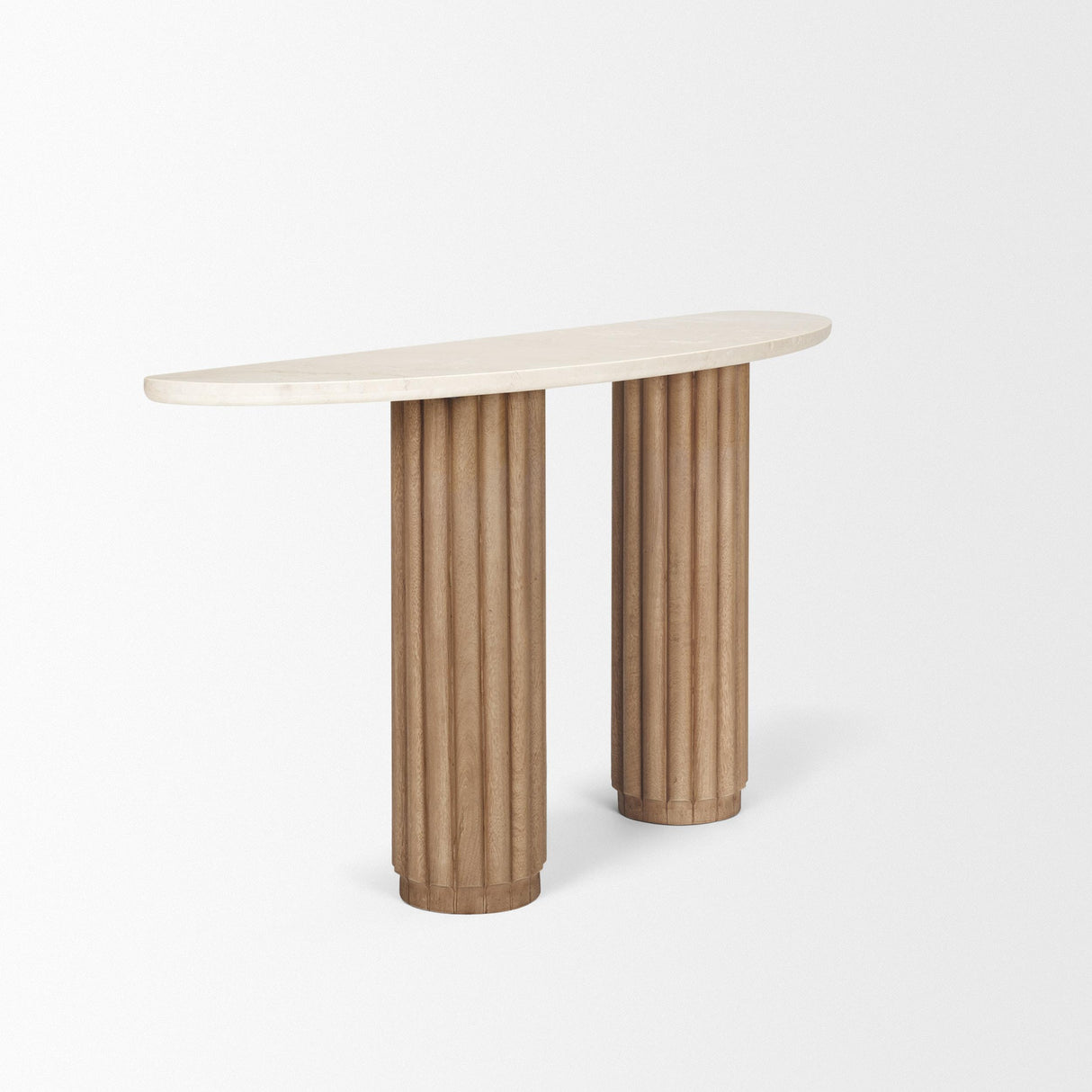 Mercana Marbrello Botticino Marble Top Light Brown Fluted Wood Half Moon Console Table