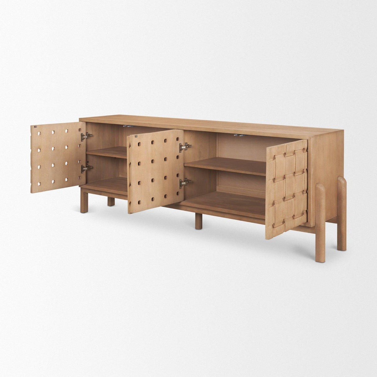 Mercana Trellyn Light Brown Solid Wood 4-Door Sideboard with Carved Woven Doors