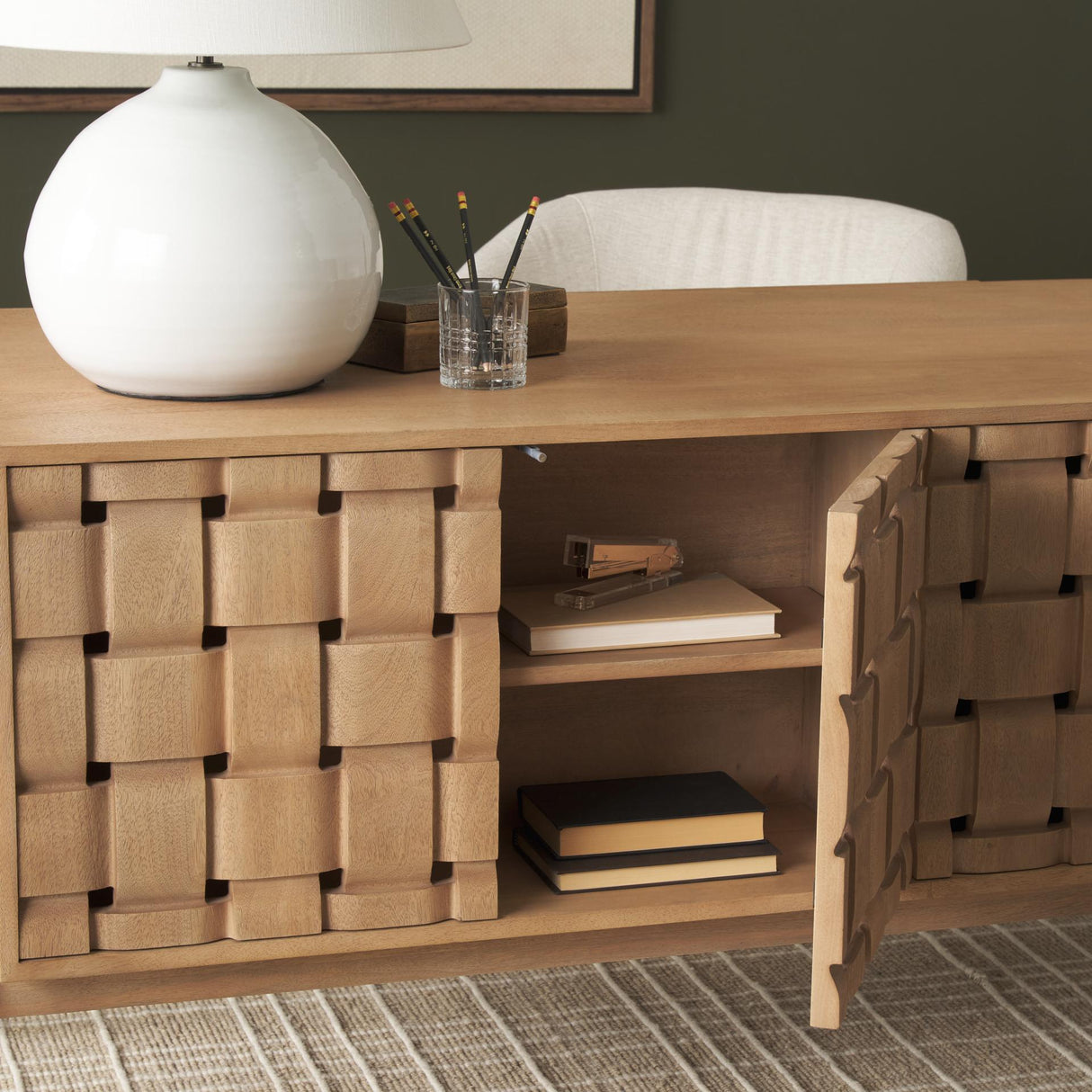 Mercana Trellyn Light Brown Solid Wood Carved Woven Desk
