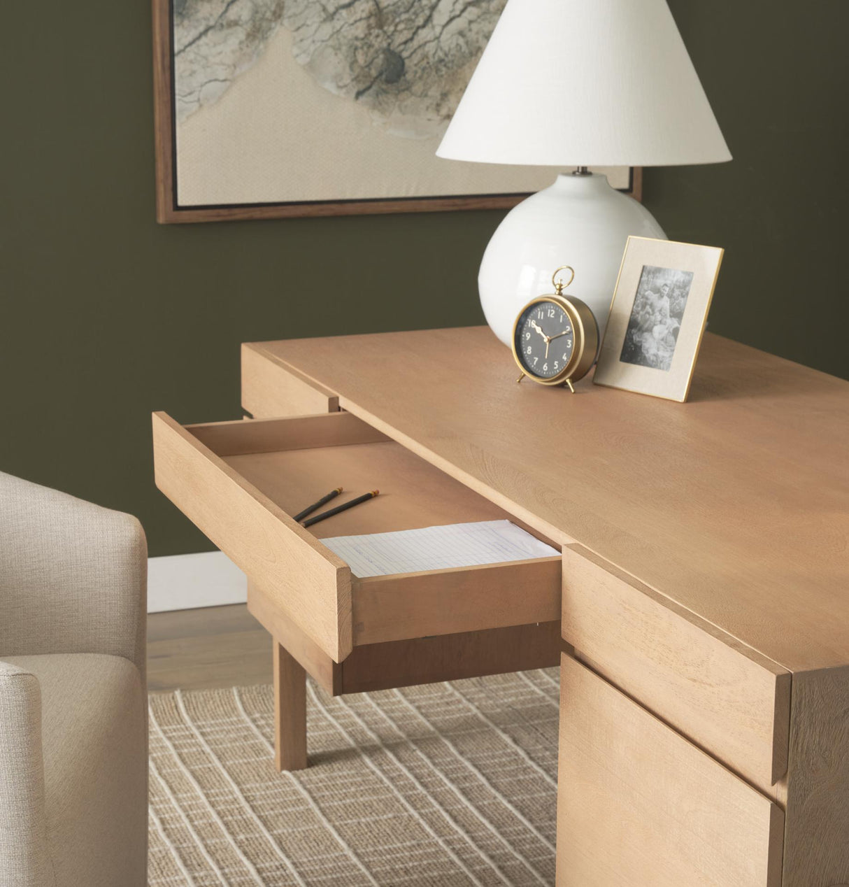 Mercana Trellyn Light Brown Solid Wood Carved Woven Desk