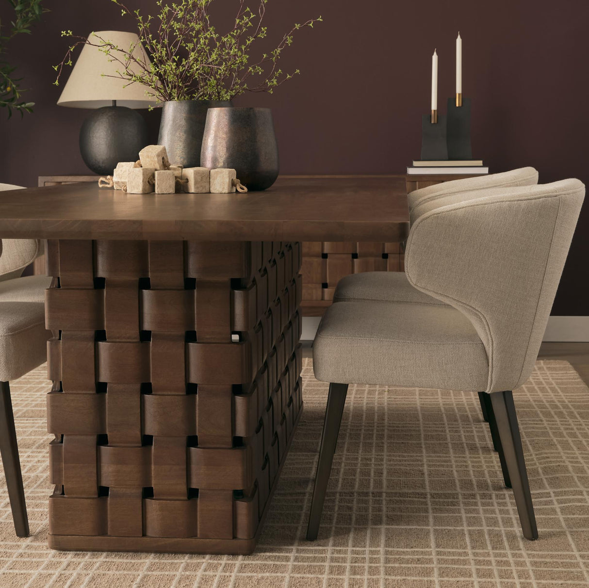 Mercana Trellyn 94" Dark Brown Solid Wood Carved Woven Base Rectangular Dining Table