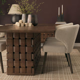 Mercana Trellyn 94" Dark Brown Solid Wood Carved Woven Base Rectangular Dining Table