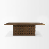 Mercana Trellyn 94" Dark Brown Solid Wood Carved Woven Base Rectangular Dining Table