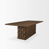 Mercana Trellyn 94" Dark Brown Solid Wood Carved Woven Base Rectangular Dining Table