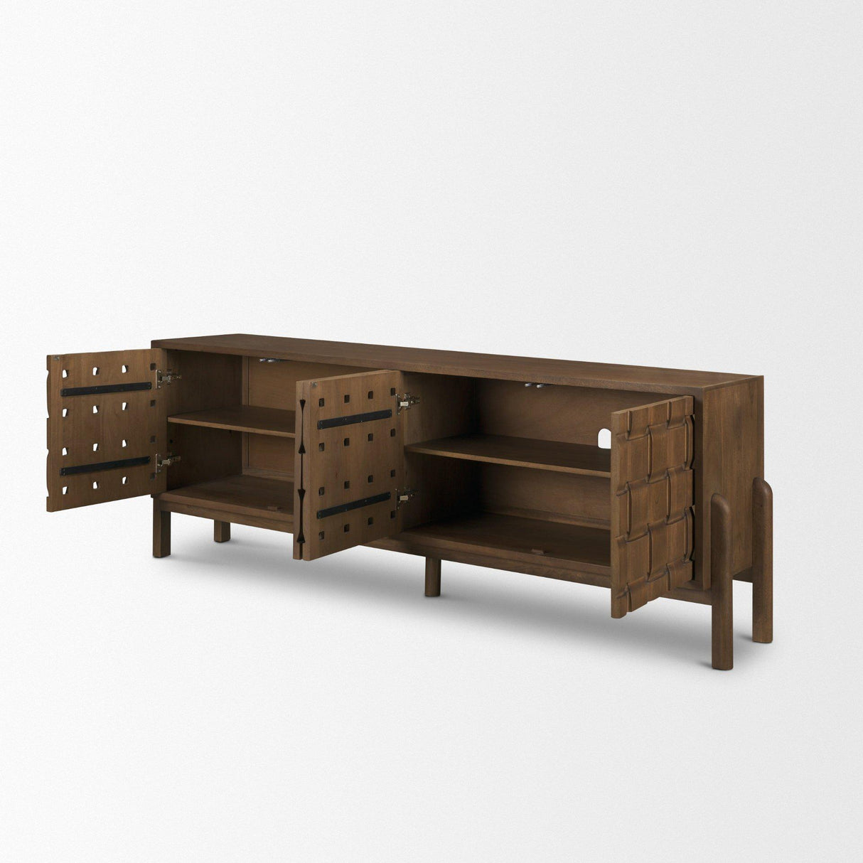 Mercana Trellyn Dark Brown Solid Wood 4-Door w/ Carved Woven Doors Closed Sideboard