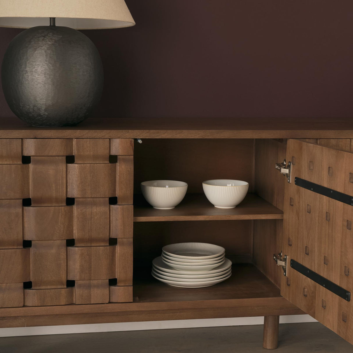 Mercana Trellyn Dark Brown Solid Wood 4-Door w/ Carved Woven Doors Closed Sideboard