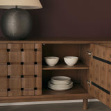Mercana Trellyn Dark Brown Solid Wood 4-Door w/ Carved Woven Doors Closed Sideboard