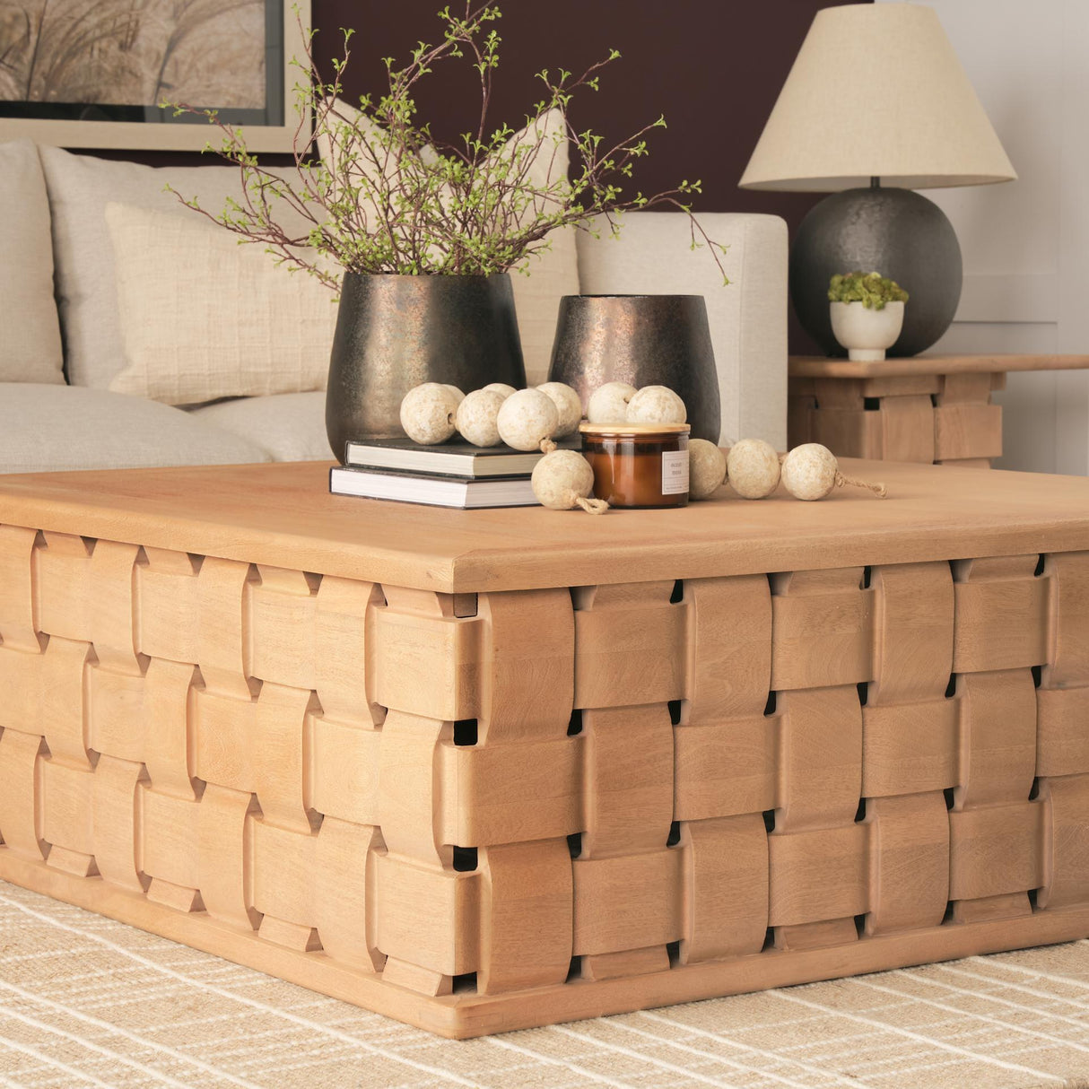 Mercana Trellyn 48" Light Brown Wood w/ Carved Woven Base Square Coffee Table