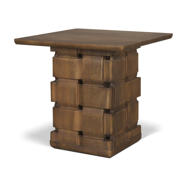 Mercana Trellyn Dark Brown Wood w/ Carved Woven Base Square Accent Table