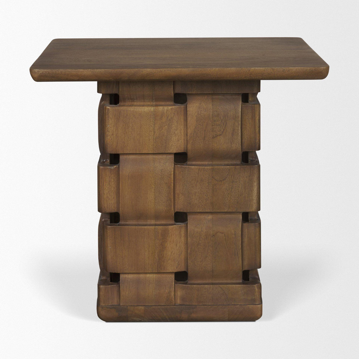 Mercana Trellyn Dark Brown Wood w/ Carved Woven Base Square Accent Table