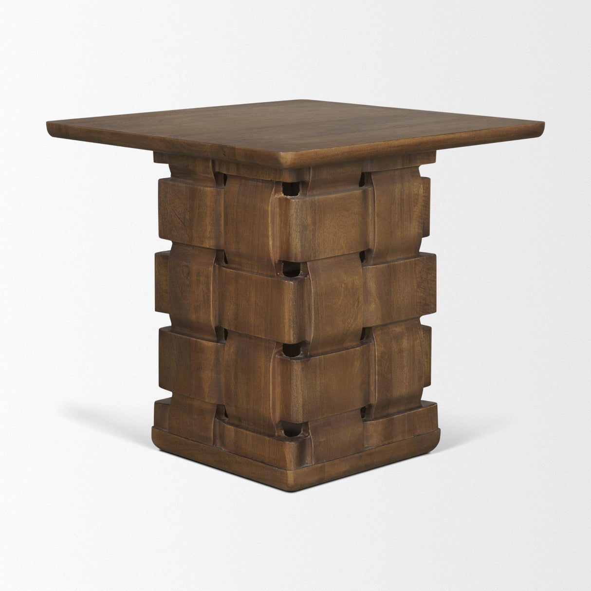 Mercana Trellyn Dark Brown Wood w/ Carved Woven Base Square Accent Table