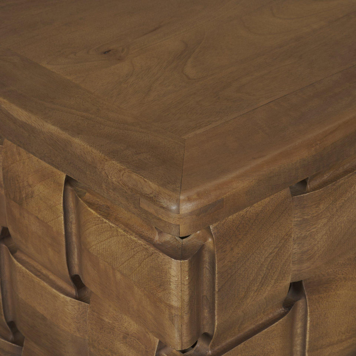 Mercana Trellyn 48" Dark Brown Wood w/ Carved Woven Base Square Coffee Table