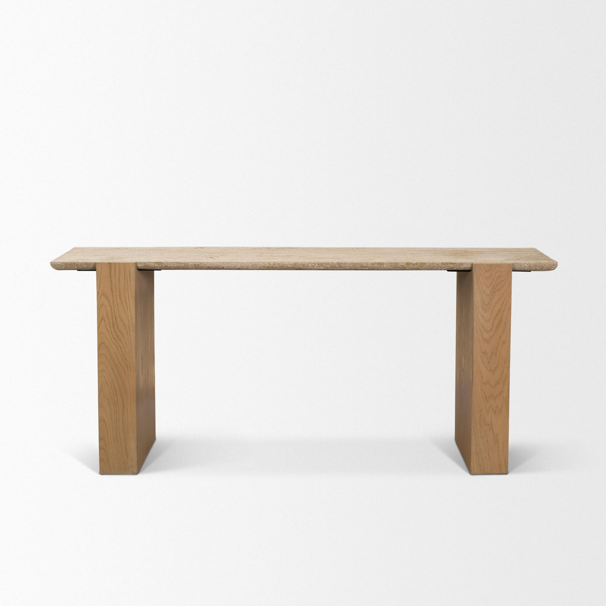 Mercana Milos Travertine Top w/ Light Brown Oak Wood Console Table