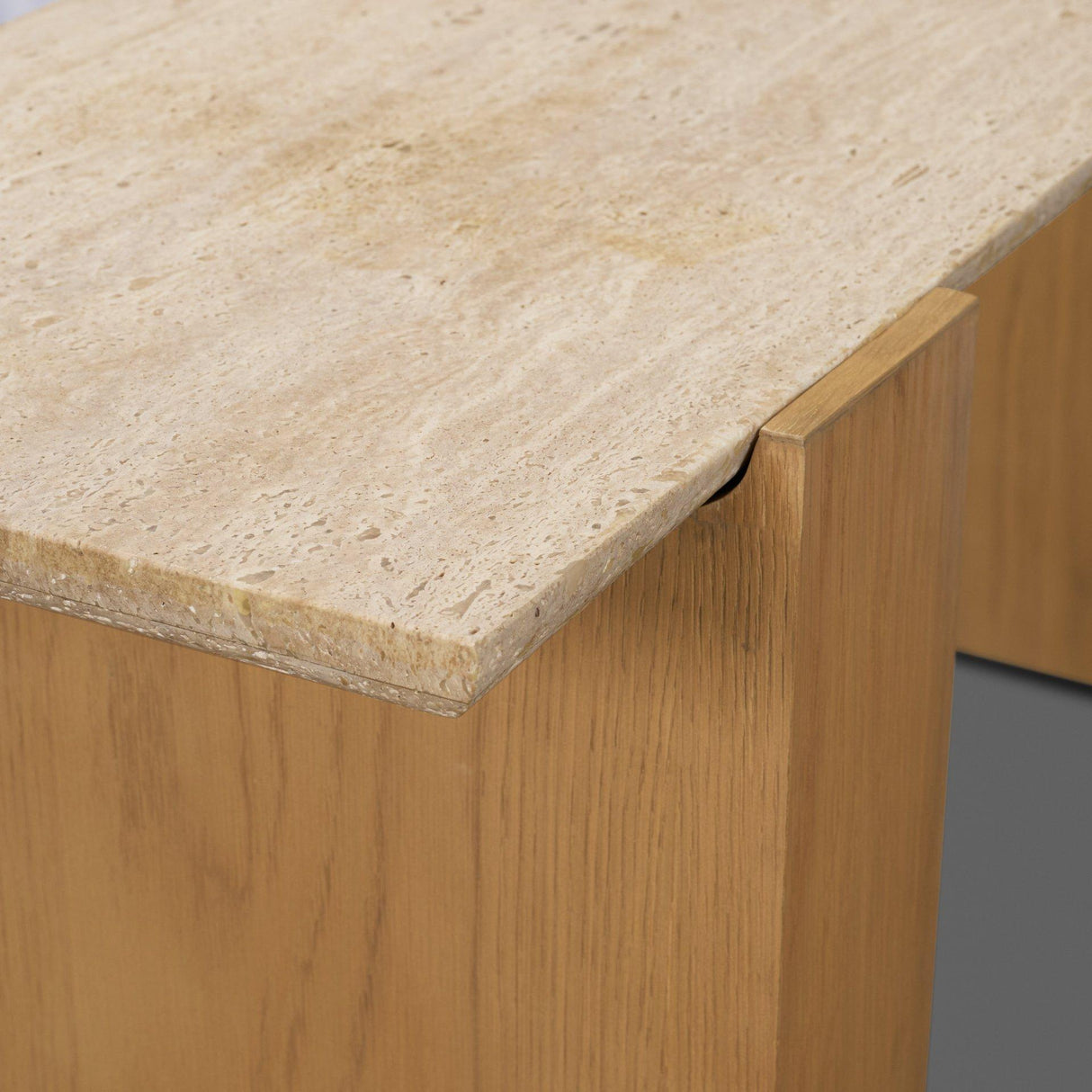 Mercana Milos Travertine Top w/ Light Brown Oak Wood Console Table