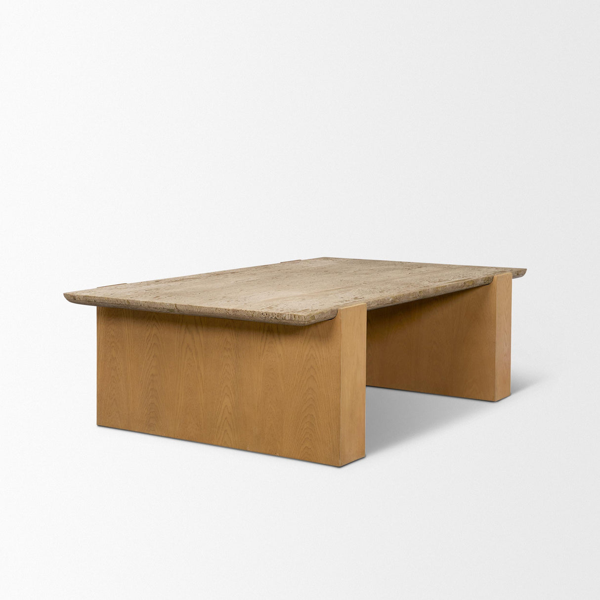 Mercana Milos Travertine Top w/ Light Brown Oak Wood Coffee Table