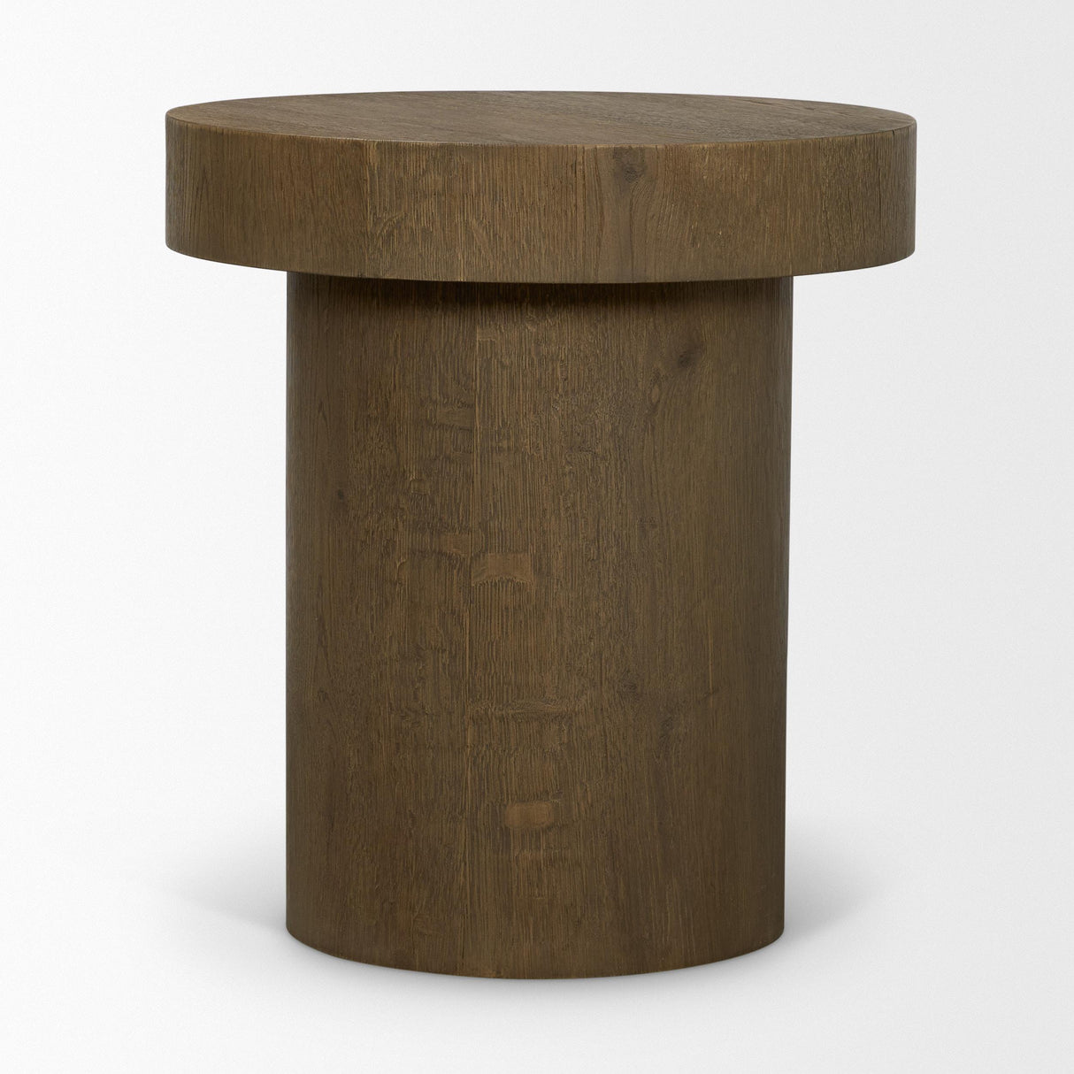 Mercana Lyonne Round Medium Brown Oak Wood Pedestal Side Tables