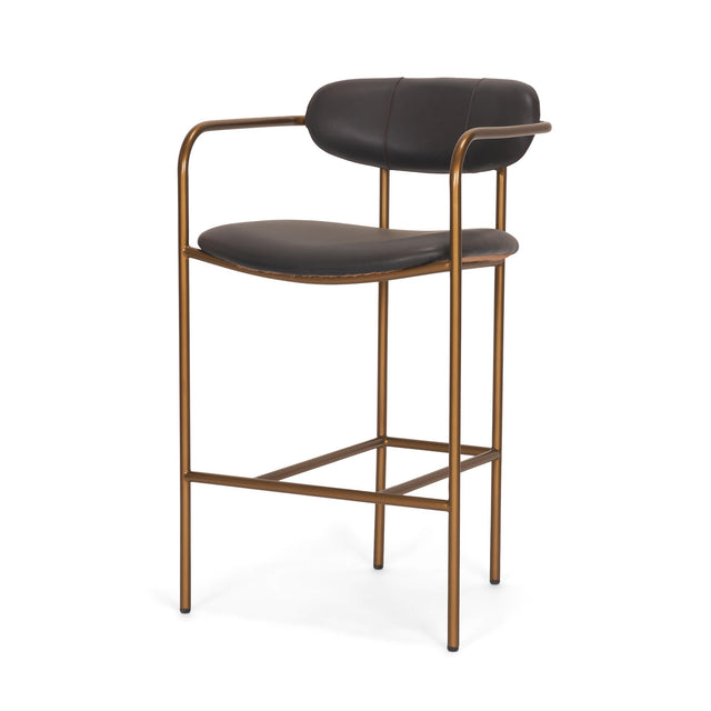 Mercana Parker Charcoal-Brown Leather Seat Gold Metal Counter Stool
